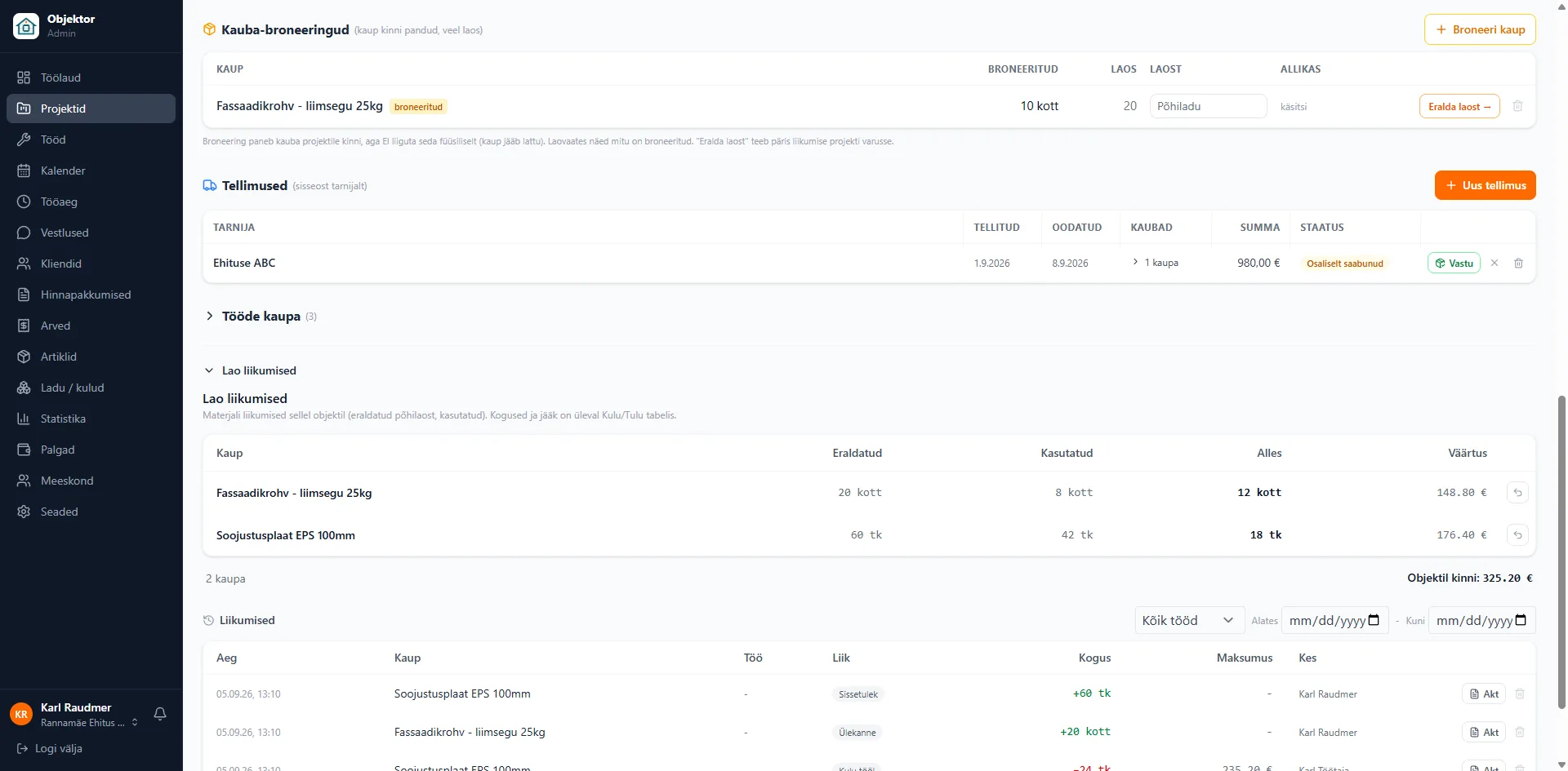 Projekti varu, broneeringud ja tellimused